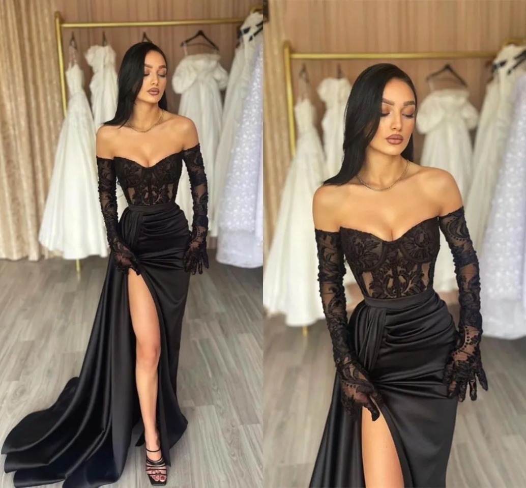 Sexy Black Split Evening Dresses A E Sweetheart Lace Appliques Satin Prom Gowns Women Formal Ocn Vestidos Bc16794
