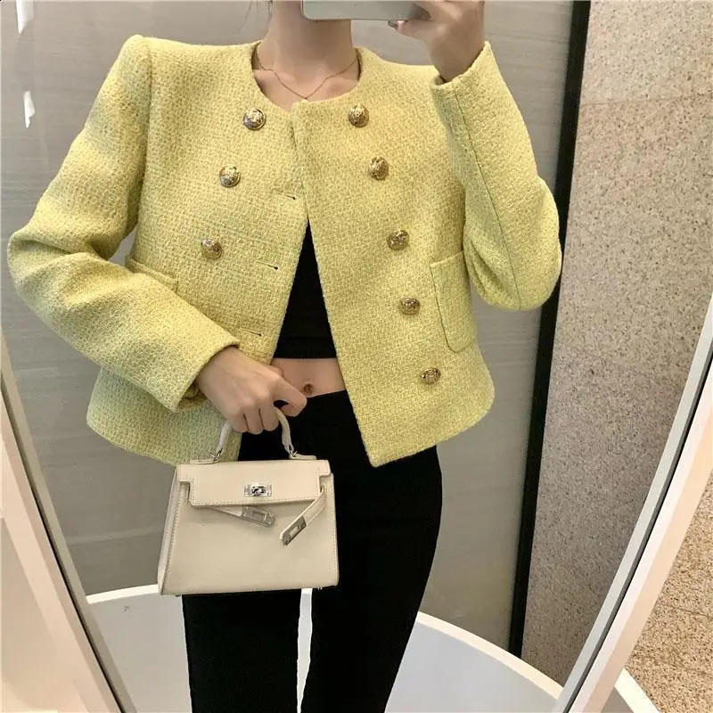 Women Elegant Cropped Tweed Jacket Korean Fashion Double Breasted Long Sleeve Outwear AllMatch Yellow Spring Autumn ONeck Coat 240307