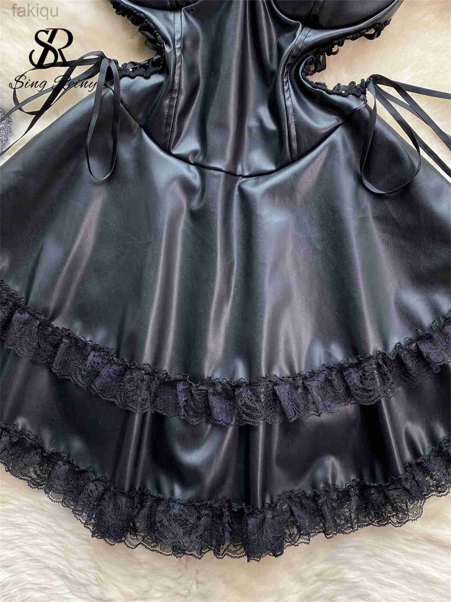 Sexy Pyjamas SINGREINY Leather Splice Lace Nightwear Women Hollow Out Lace Up Sleeveless Zipper Dress Fashion Erotic Cosplay Sexy Pajamas 24318