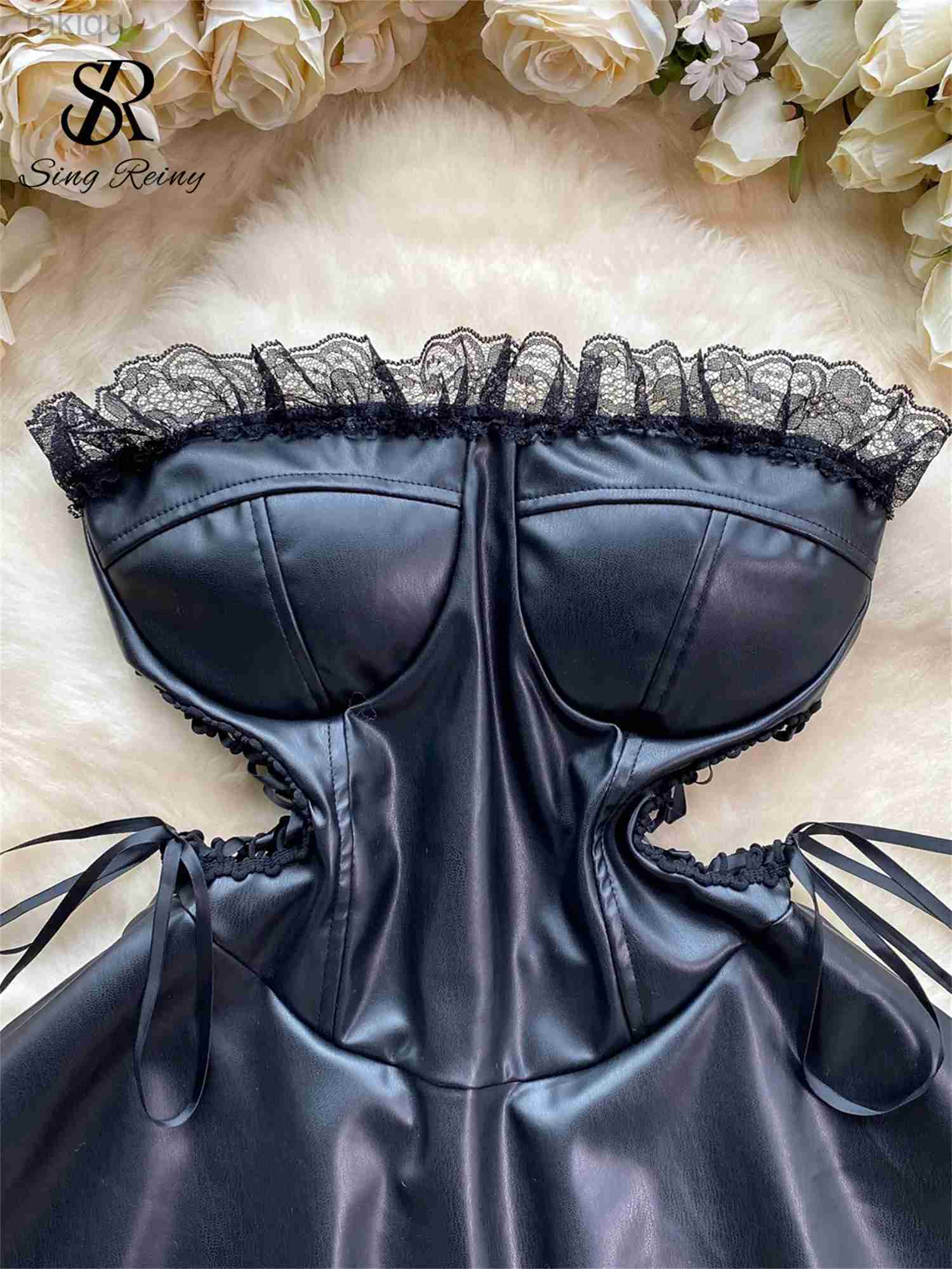 Sexy Pyjamas SINGREINY Leather Splice Lace Nightwear Women Hollow Out Lace Up Sleeveless Zipper Dress Fashion Erotic Cosplay Sexy Pajamas 24318