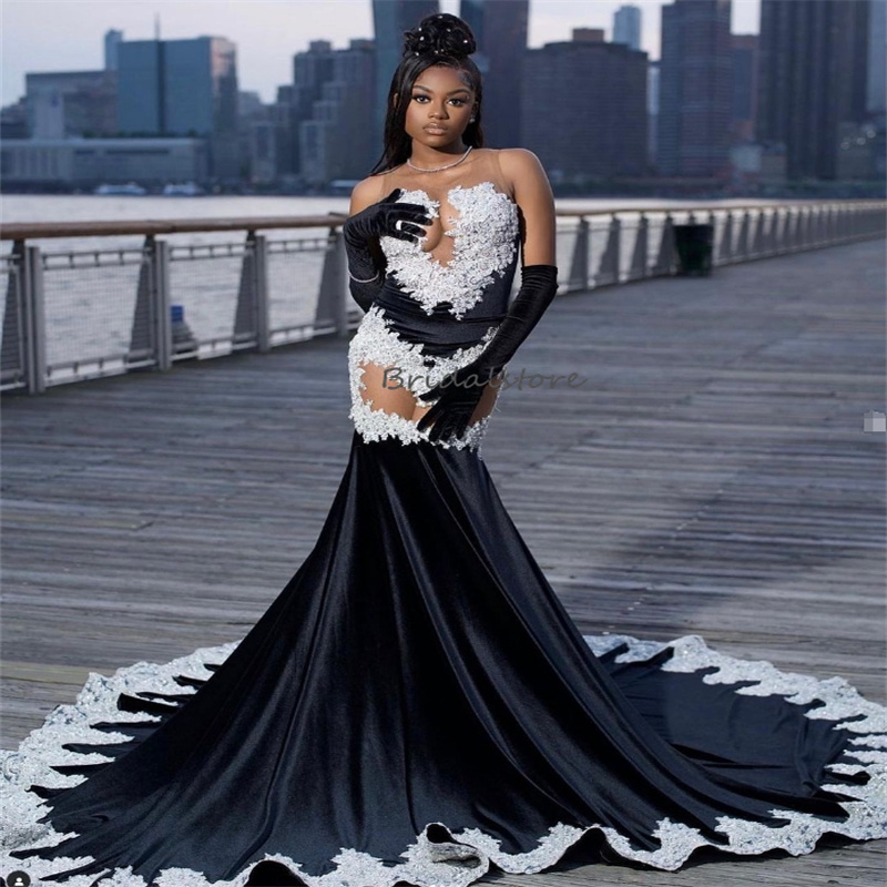 Glam Black Girls Prom Dresses 2024 New Black Velvet African Evening Gowns With White Appliques Gorgeous Mermaid Birthday Dress Formal Ceremony Party D