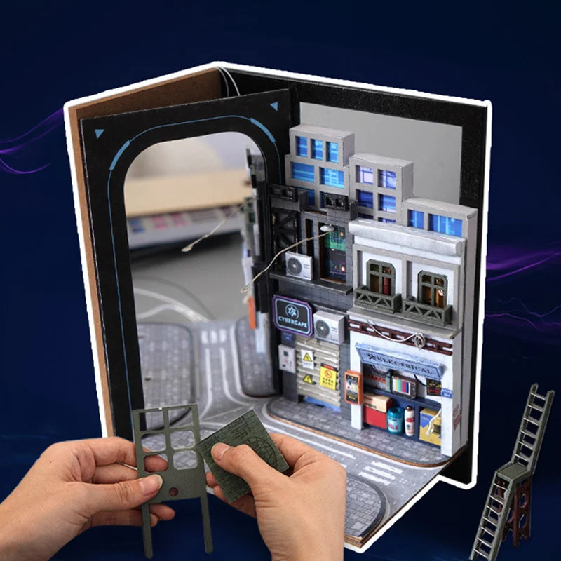 Creative DIY Wooden Book Corner Rack Insert Miniature Kit Model Future World Bookshelf Home Decoration Adult Handmade Gift 240308