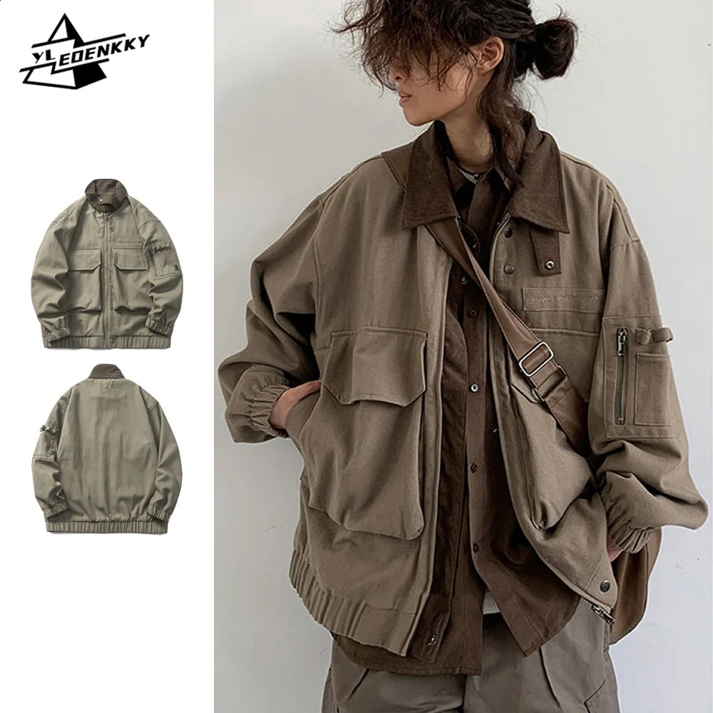 Bomber Jacket Men Vintage Multipocket Loose Safari Coat Harajuku Lapels Oversize Cargo Jackets Spring Autumn Unisex Casual 240311