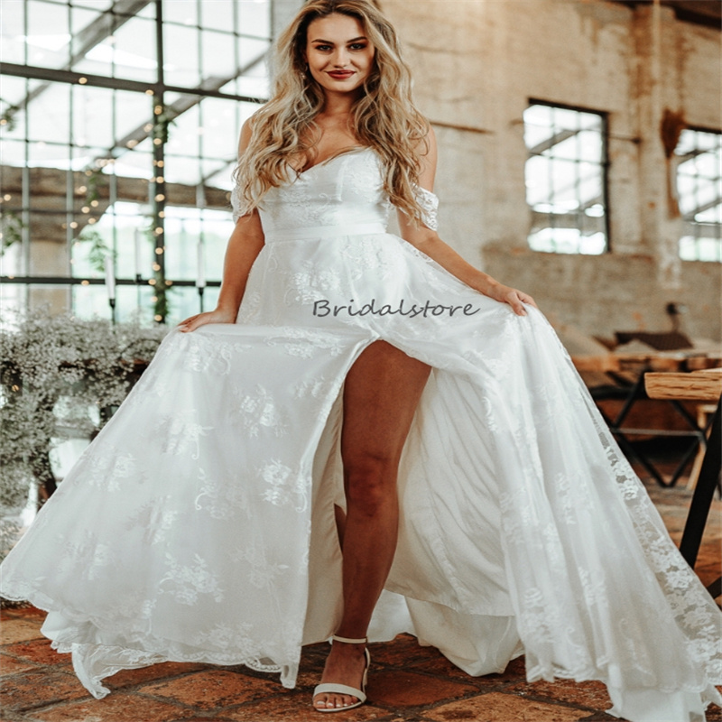 Civil Lace Boho Wedding Dress Spaghetti Straps A Line High Slit Beach Bridal Dresses 2024 Sexy Backless Bohemian Bride Dress Great Gatsby Chic Novias 