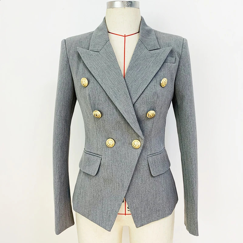 Stylish Designer Pale Grey Lion Buttons Double Breasted Blazer For Women Slim Fit Classic Jacket Star Style Elegance B3