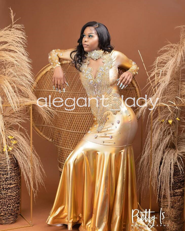 Gold Sparkly Trumpet Evening Formal Dresses for Black Girl Sparkly Luxury Diamond Crystal Prom Gala Gown 2024
