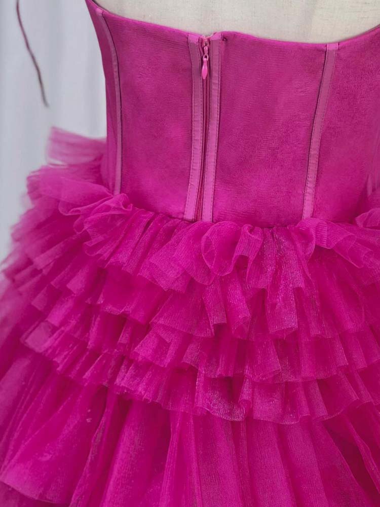 Fuchsia Evening Dress Layers Ball Gown Prom Dresses Sweetheart Sleeveless Zipper Back Sweep Train
