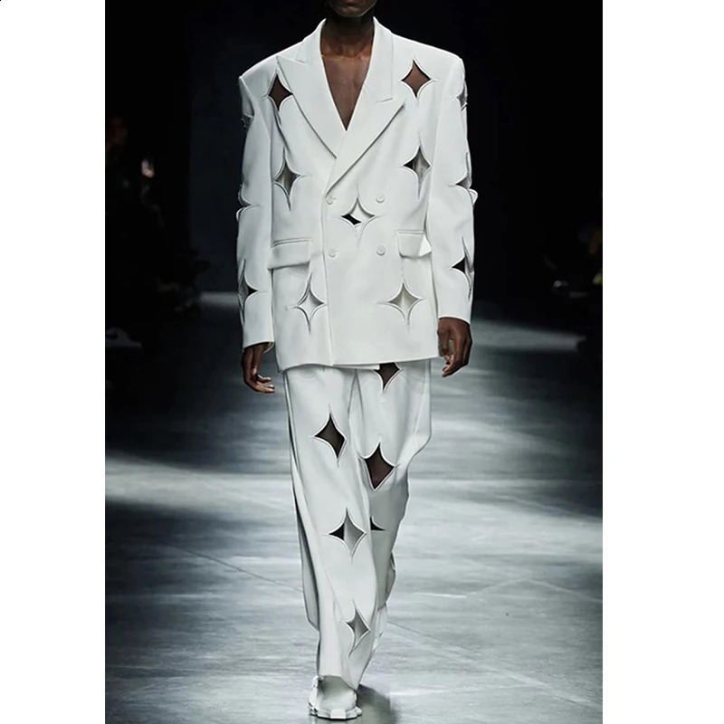 Fashion Star Cut Out Silhouette Solid Blazer Notched Loose Straight Leg Wide Leg Pants Suit Spring Women 240306