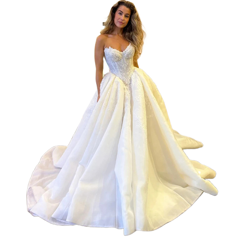 Sweetheart Neck Princess Wedding Dresses Satin A Line Long Bridal Gowns Lace Appliques Ivory Corset Bride Dress 2024