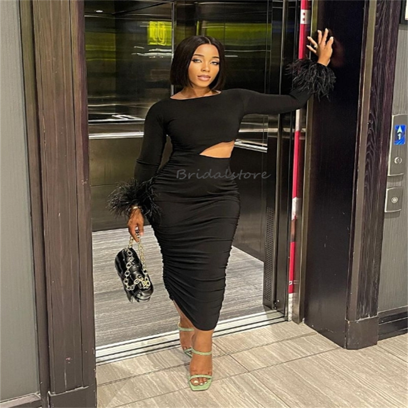 Chic Black Midi Prom Dresses For Black Girls With Feather Elegant O Neck Long Sleeve Maxi Spandex Evening Dress Short Plus Size Clud Cocktail Formal O