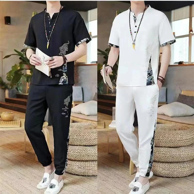Shirt trousers 2023 summer fashion men shirt Cotton shirts mens sets High quality Two Piece size M4XL TZ0195 240312