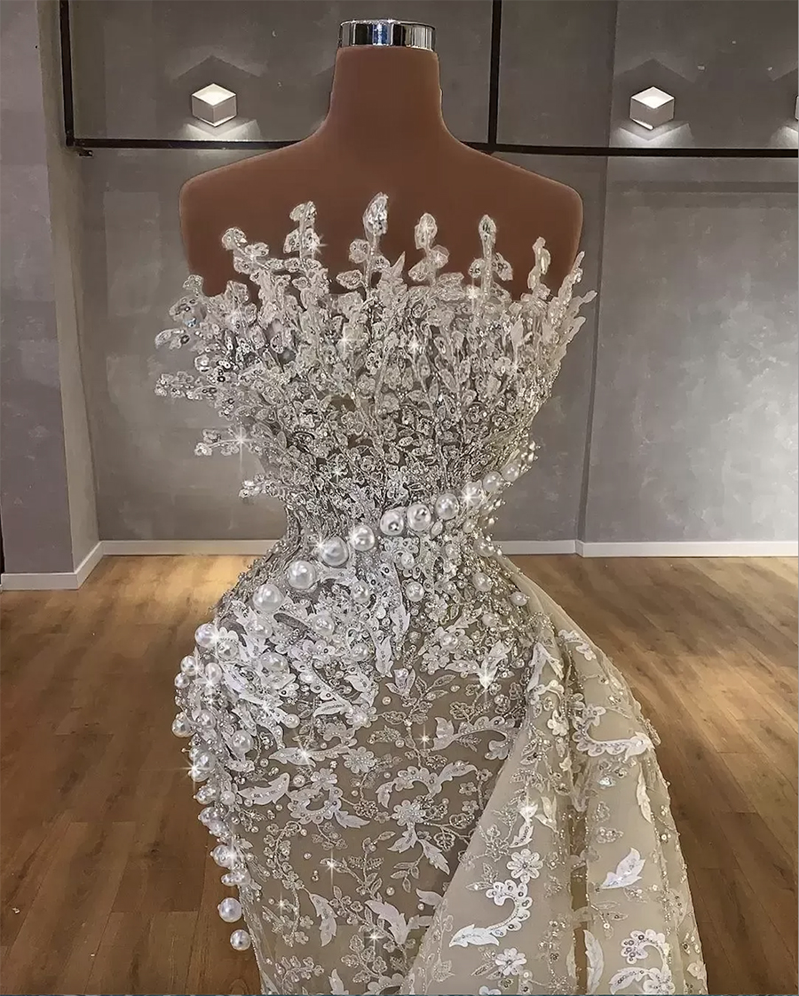 Mermaid Wedding 2024 Dresses Bridal Gown Lace Applique Beaded Pearls Sweep Train Organza Designer Illusion Custom Made Plus Size Vestido De Novia