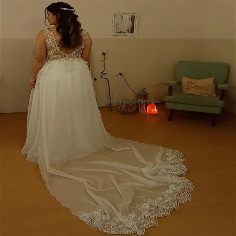 Plus Size High Low Wedding Dresses With Long Train Sexy V Neck Chiffon Beach Bridal Gowns Appliques Lace Bohemian Beach Bride Dress Elegant vestidos d