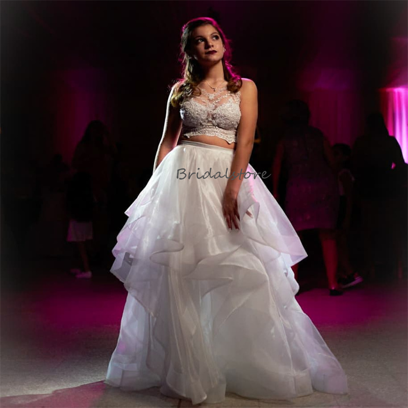 Charming Two Pieces Prom Dresses 2024 Illusion Lace Oranza Ruffles Evening Dress Elegant Sleeveless Outfit Backless Formal Dress Floor Length Birthday