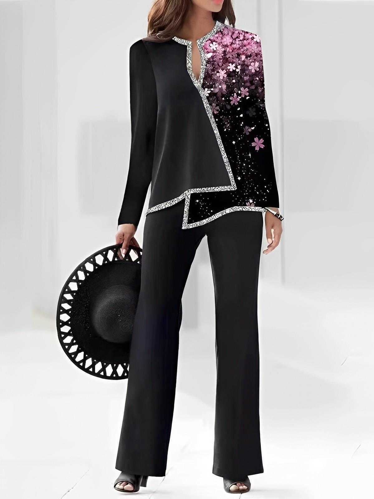 2024 Summer 3D digital Print V-neck asymmetrical fashion casual shirt pantsuit Q240318