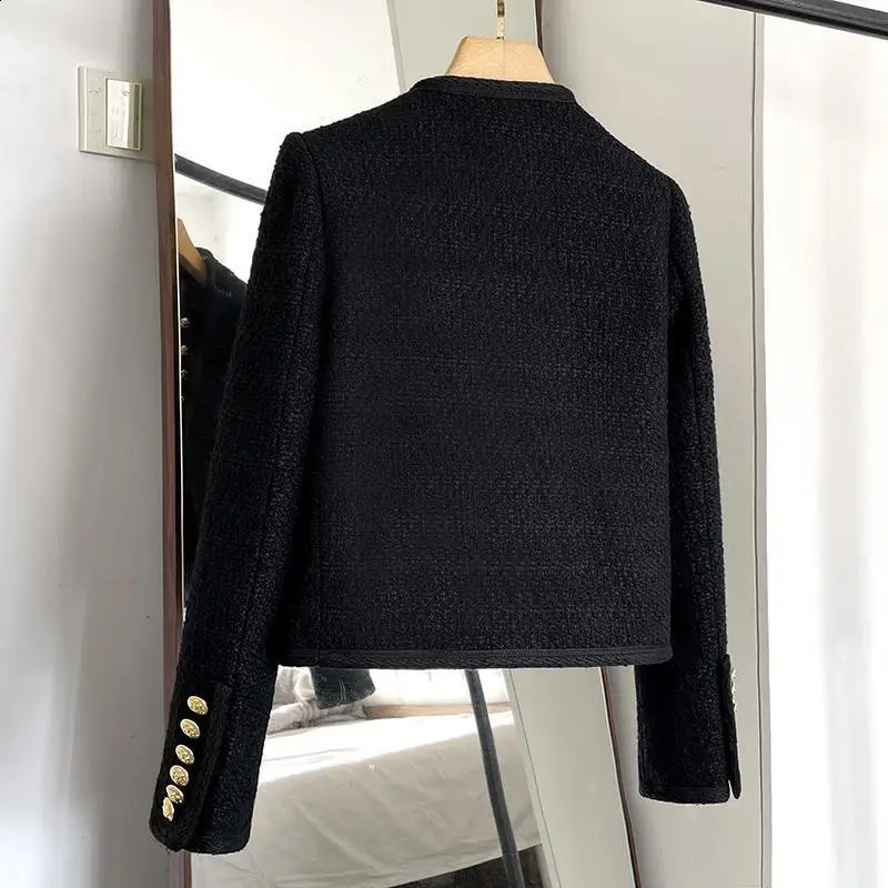Spring Autumn Korean Y2k Chic Female Tweed Basic Jacket Coat Women Coats O Neck Long Sleeve Woolen Short Outerwear 240307