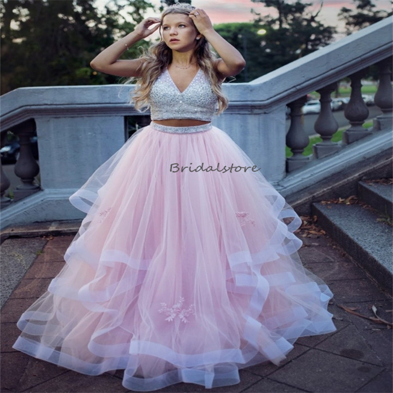 Gorgeous Two Pieces Pink Wedding Dresses 2024 Sexy V Neck Beaded Crystal Country Bridal Gowns Tulle Ruffles Appliques Lace Vestidos De Novia Robe De M