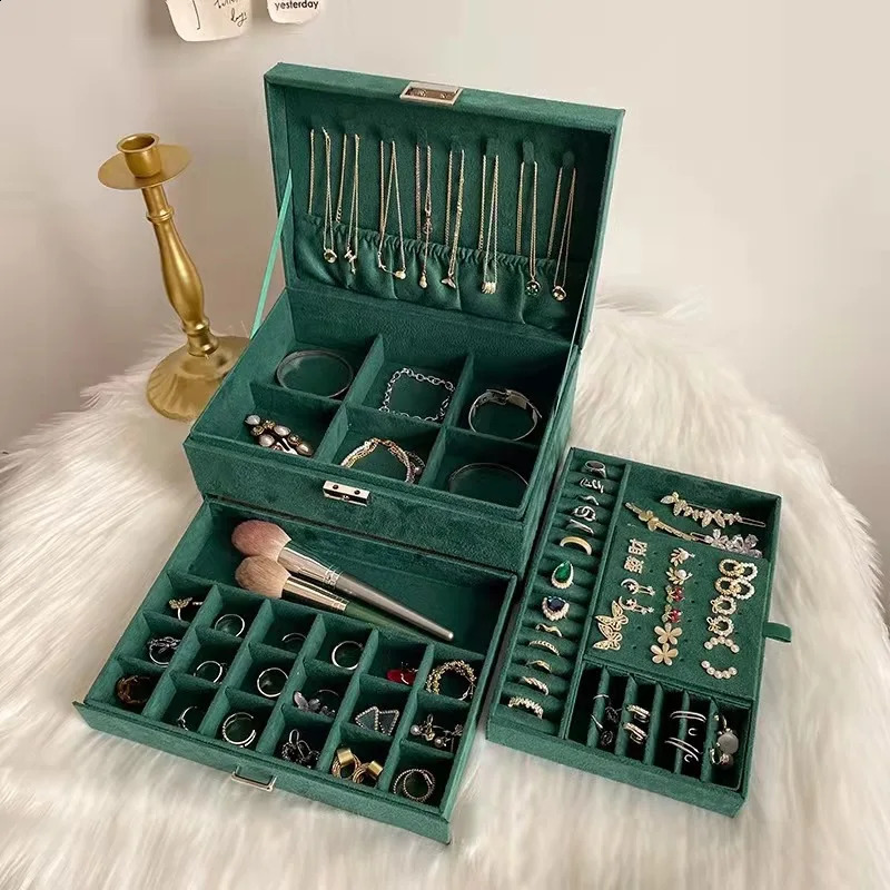 2023 Fashion Style Flannel Double Layer Jewelry Holder With Large Capacity Velvet Jewel Box 240309