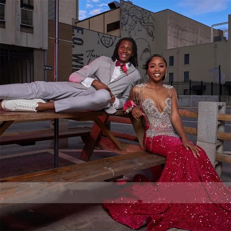 Glitter Red Prom Gowns 2024 Crystals Rhinestones Tassels Beads Sequins Gown For Black Girls Birthday Party 0431