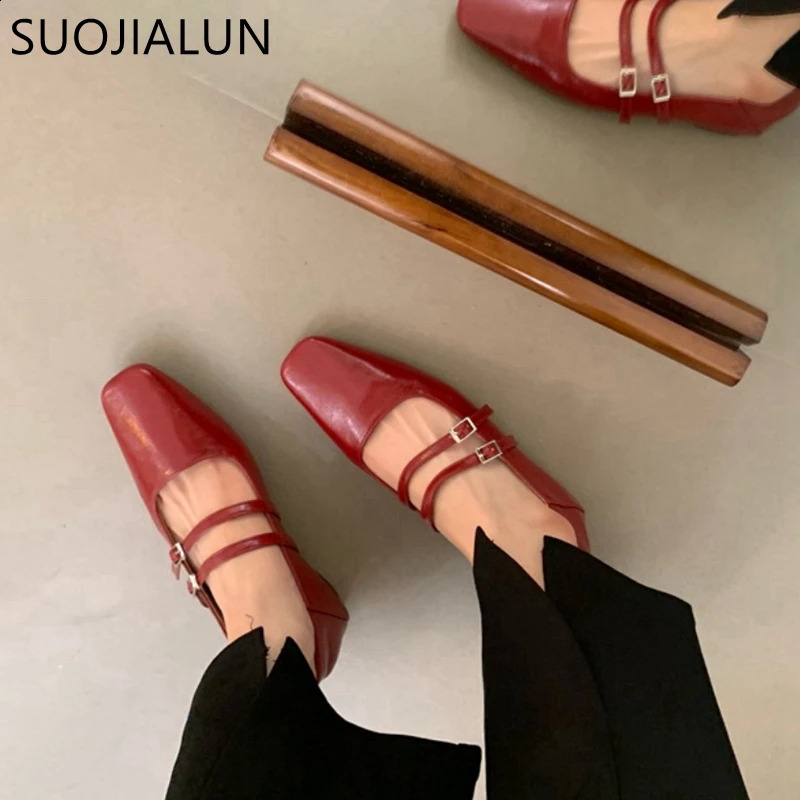 SUOJIALUN Spring Women Flat Shoes Fashion Square Toe Shallow Ladies Mary Jane Ballerinas Flat Heel Casual Ballet Shoes 240307