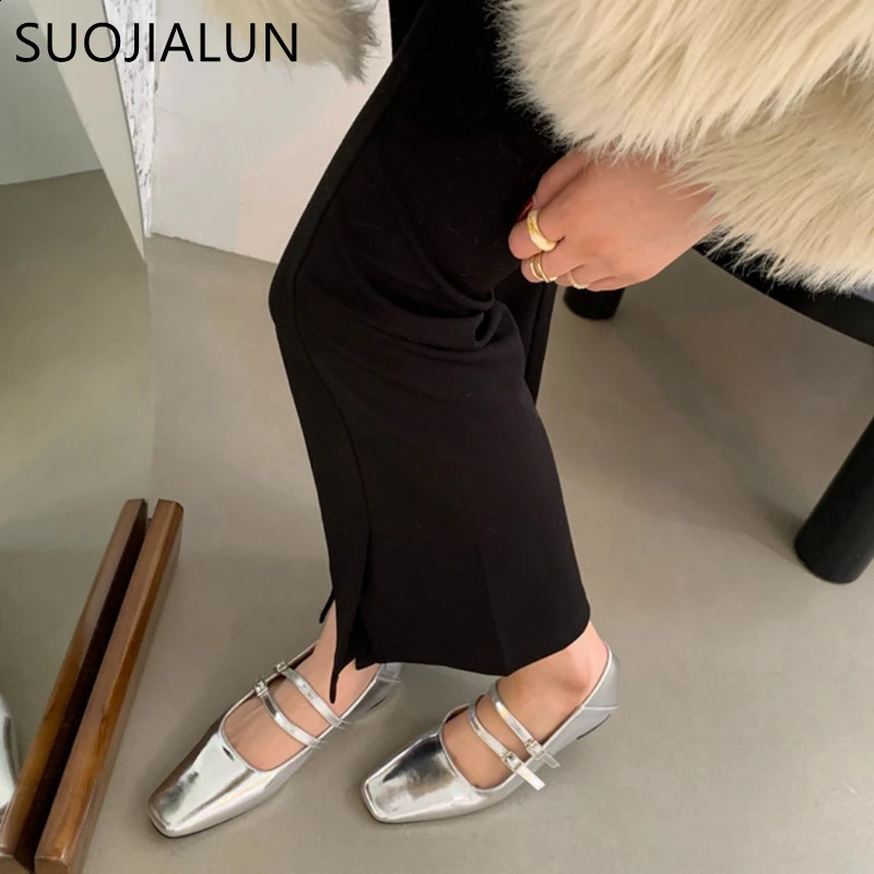 SUOJIALUN Spring Women Flat Shoes Fashion Square Toe Shallow Ladies Mary Jane Ballerinas Flat Heel Casual Ballet Shoes 240307