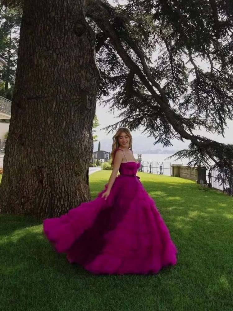 Fuchsia Evening Dress Layers Ball Gown Prom Dresses Sweetheart Sleeveless Zipper Back Sweep Train