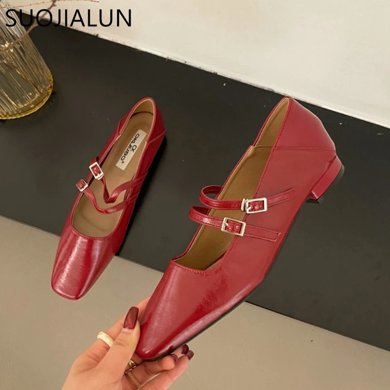 SUOJIALUN Spring Women Flat Shoes Fashion Square Toe Shallow Ladies Mary Jane Ballerinas Flat Heel Casual Ballet Shoes 240307