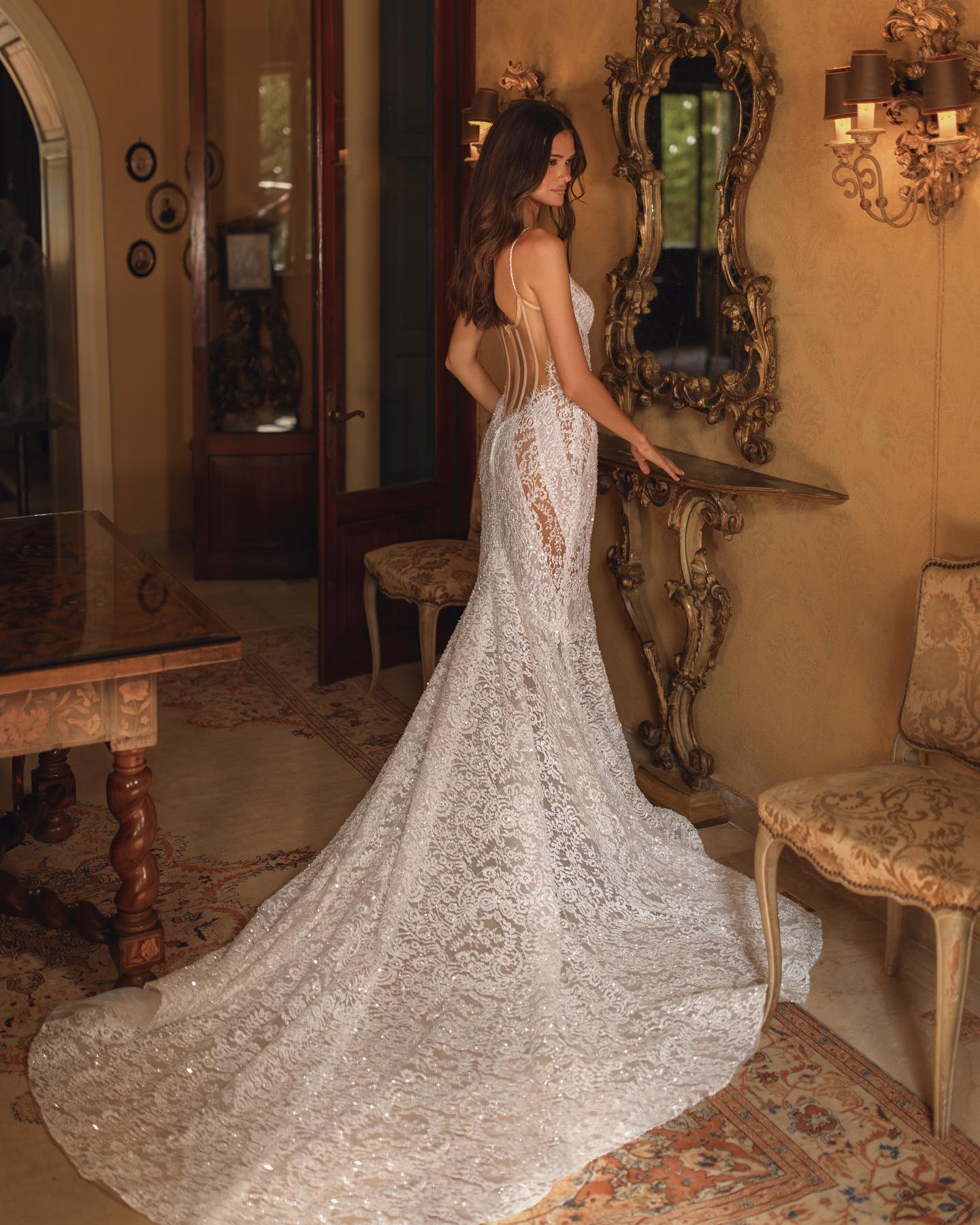 Berta Mermaid Chart Wedding Dress For Bride Spaghetti Sequins Fulllace Wedding Dresses Bridal Gowns Sweep Train Illusion Backless Lacefull Robe De Mar