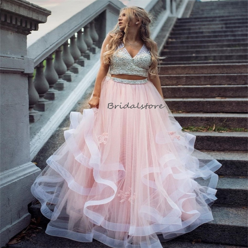 Gorgeous Two Pieces Pink Wedding Dresses 2024 Sexy V Neck Beaded Crystal Country Bridal Gowns Tulle Ruffles Appliques Lace Vestidos De Novia Robe De M