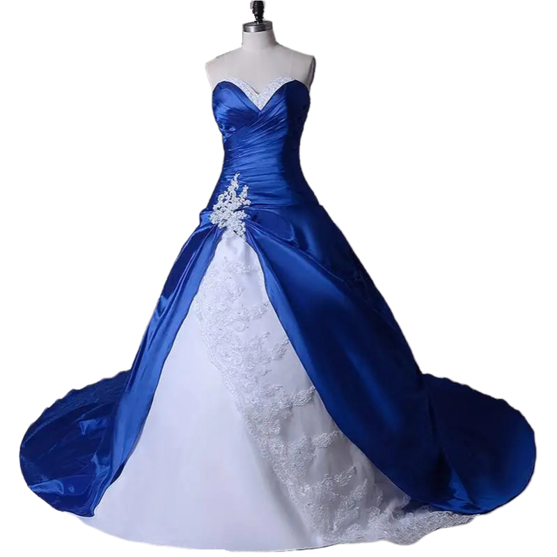 Royal Chapel White and Blue Satin Wedding Dresses Sweetheart Ruched Lace up Corset Plus Size Long Bridal Gowns Lace Appliques Beaded Ball Gown Robe De