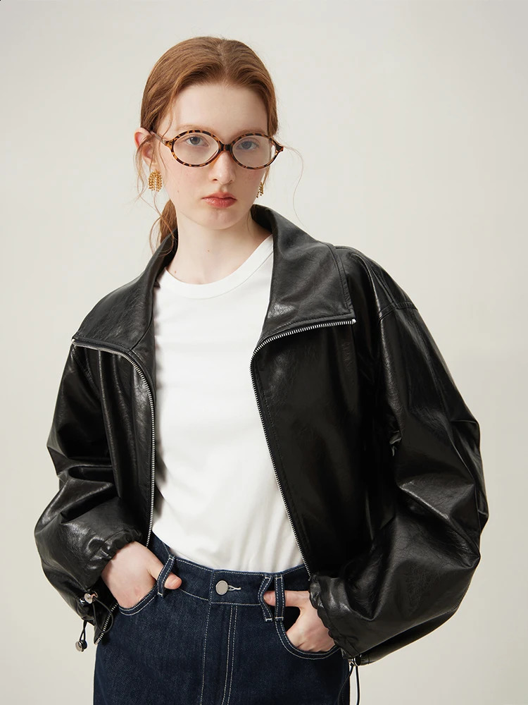 FSLE Retro Casual Black Leather Jacket For Womens Spring Short Women Causal Loose 24FS11359 240307