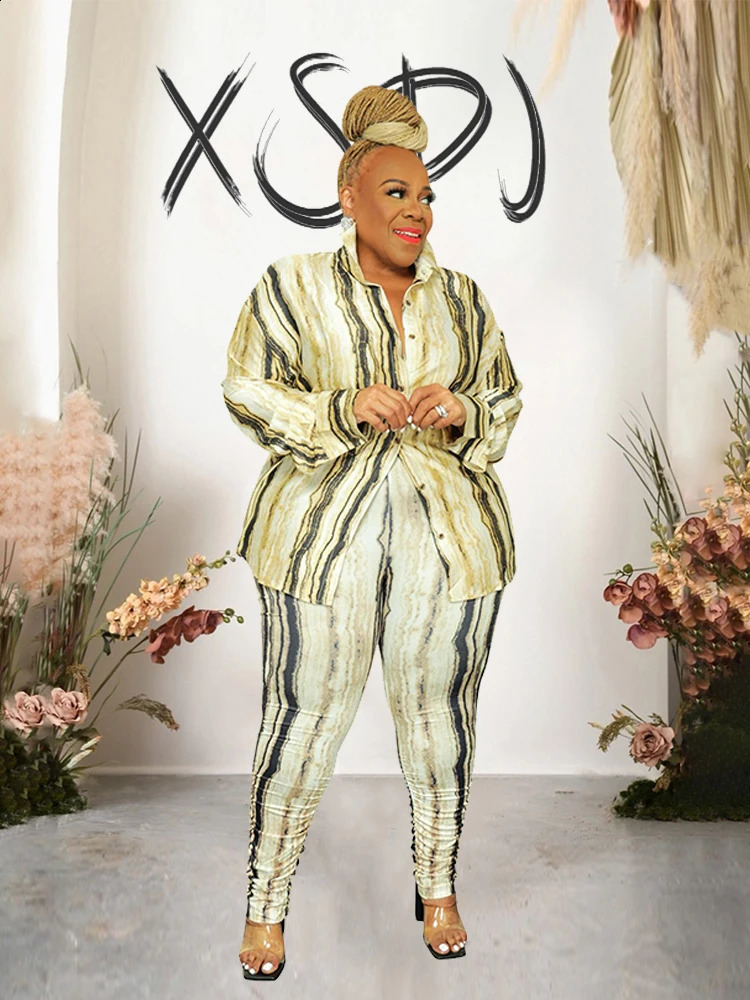 Plus Size Matching Sets Spring Print Shirt Top and Pants Two Piece Set for Women Streetwear Fashion Suit Wholesale Drop 240309