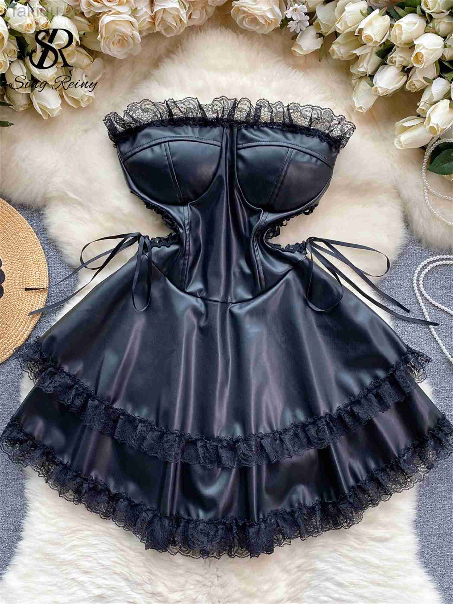 Sexy Pyjamas SINGREINY Leather Splice Lace Nightwear Women Hollow Out Lace Up Sleeveless Zipper Dress Fashion Erotic Cosplay Sexy Pajamas 24318