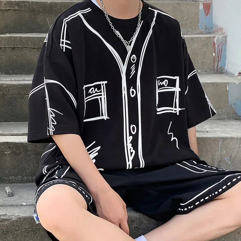 Summer Elegant Fashion Harajuku Slim Fit Ropa Hombre Loose Casual All Match Sports Suit Ice Shreds Short Sleeve Two Piece Set 240307