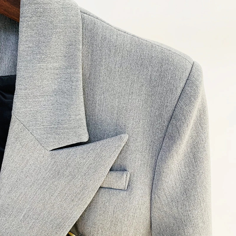 Stylish Designer Pale Grey Lion Buttons Double Breasted Blazer For Women Slim Fit Classic Jacket Star Style Elegance B3