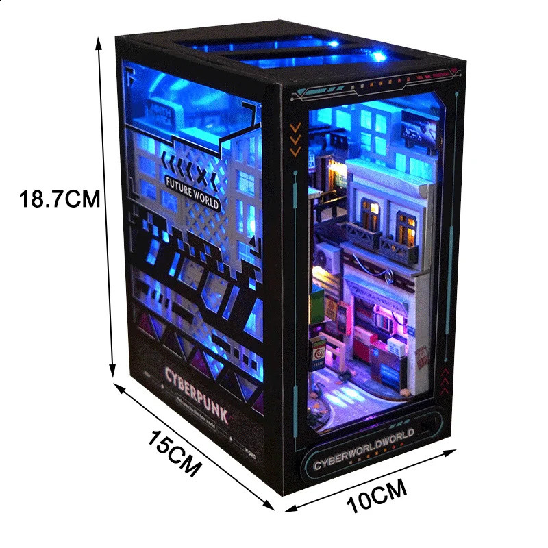 Creative DIY Wooden Book Corner Rack Insert Miniature Kit Model Future World Bookshelf Home Decoration Adult Handmade Gift 240308