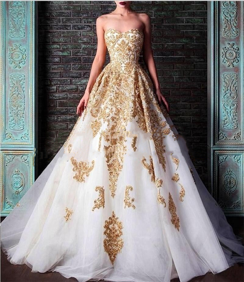 Princess A Line Wedding Dresses Sweetheart Neck Gold Lace Appliques Beaded Floor Length Vintage Bridal Reception Gowns Sleeveless Corset Plus Size Bri