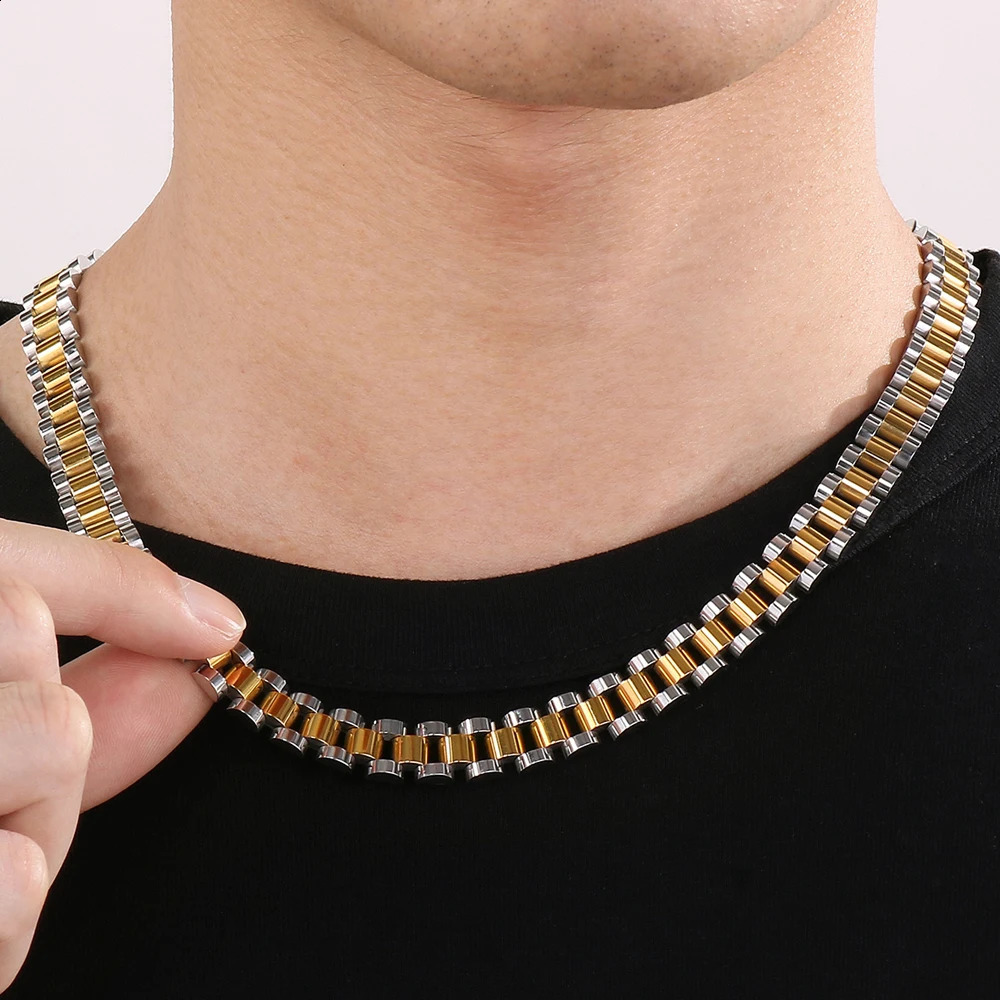 5060CM 10MM Watch Strap Chain Style Necklace For Men Women Gold Color Stainless Steel Choker Necklaces Jewellery Accessories 240313