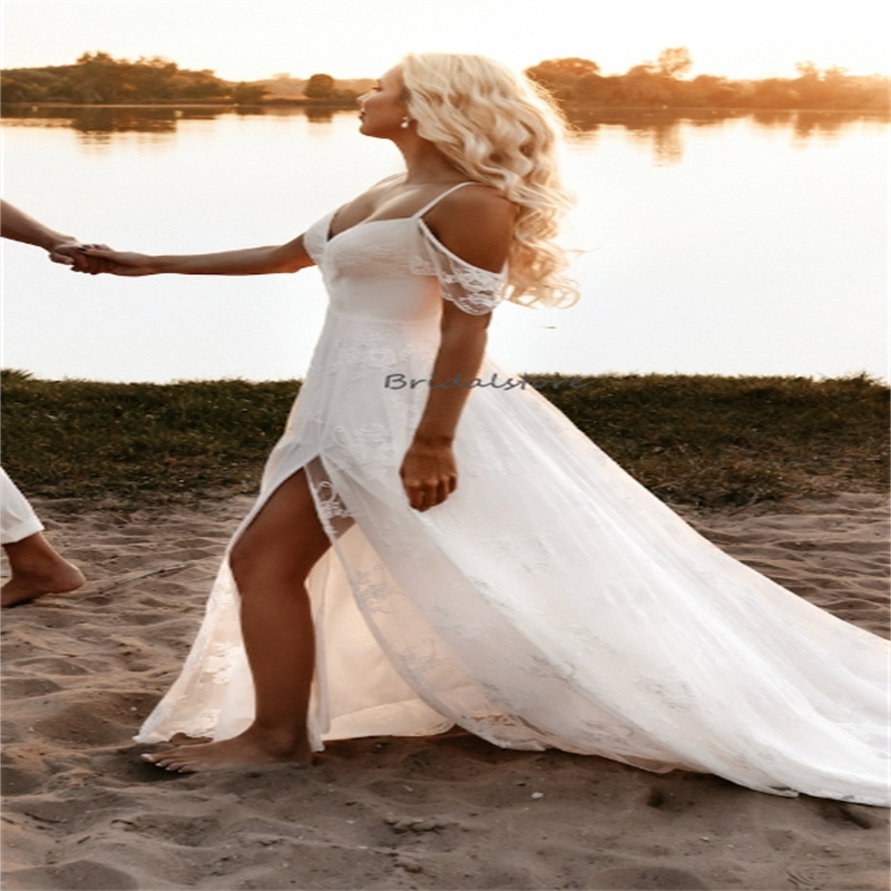 Civil Lace Boho Wedding Dress Spaghetti Straps A Line High Slit Beach Bridal Dresses 2024 Sexy Backless Bohemian Bride Dress Great Gatsby Chic Novias 