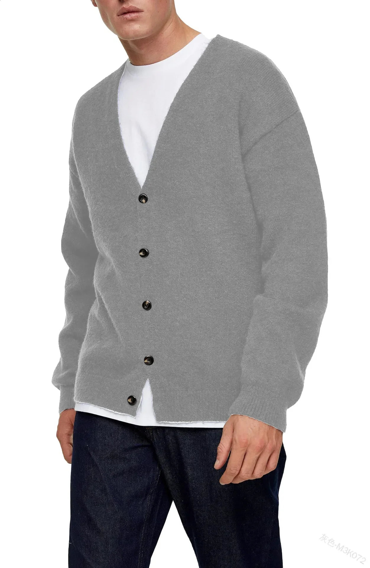 Men Solid Color Vneck Cardigan Long Sleeve Slim SingleBreasted Mens Knitted Shirt Coat 240307