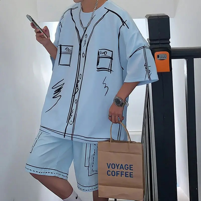 Summer Elegant Fashion Harajuku Slim Fit Ropa Hombre Loose Casual All Match Sports Suit Ice Shreds Short Sleeve Two Piece Set 240307