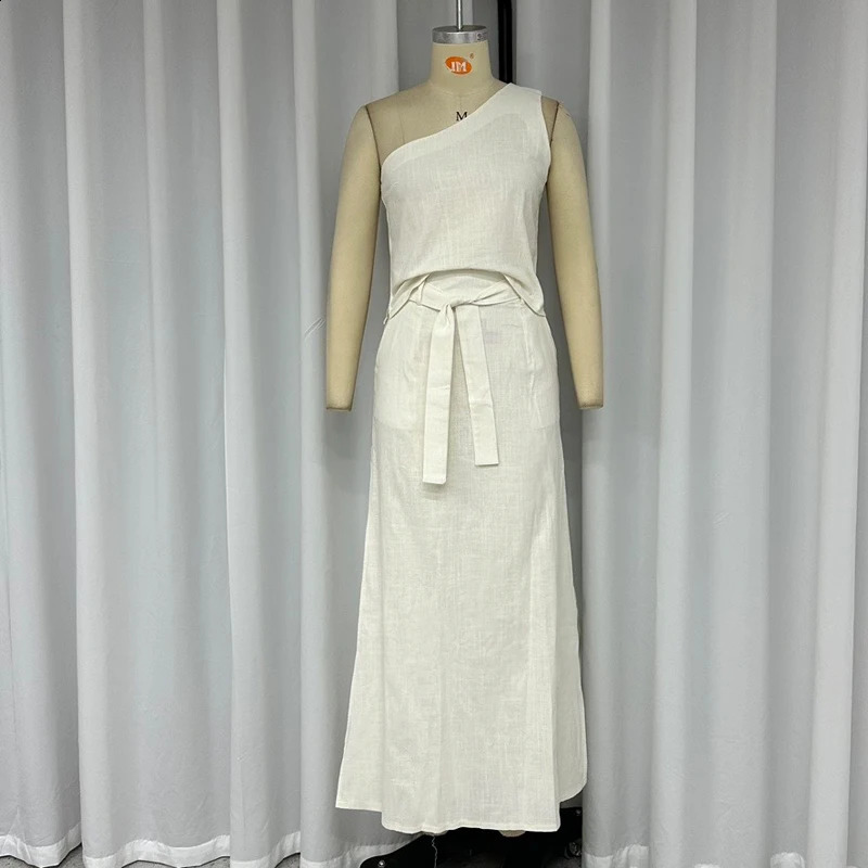 Wefads Women Two Piece Set Summer Casual Fashion One Shoulder Sleeveless Vest Solid With Belt Pocket Slit Skirt Set Streetwear 240315