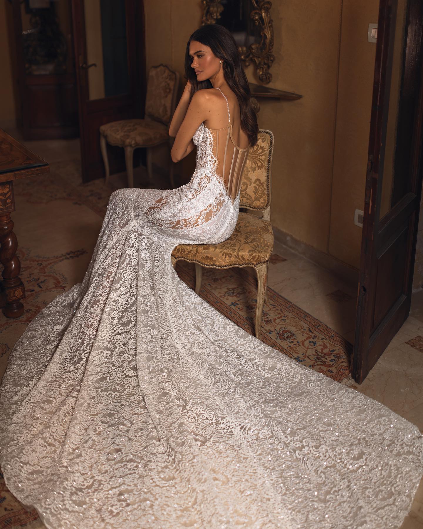 Berta Mermaid Chart Wedding Dress For Bride Spaghetti Sequins Fulllace Wedding Dresses Bridal Gowns Sweep Train Illusion Backless Lacefull Robe De Mar