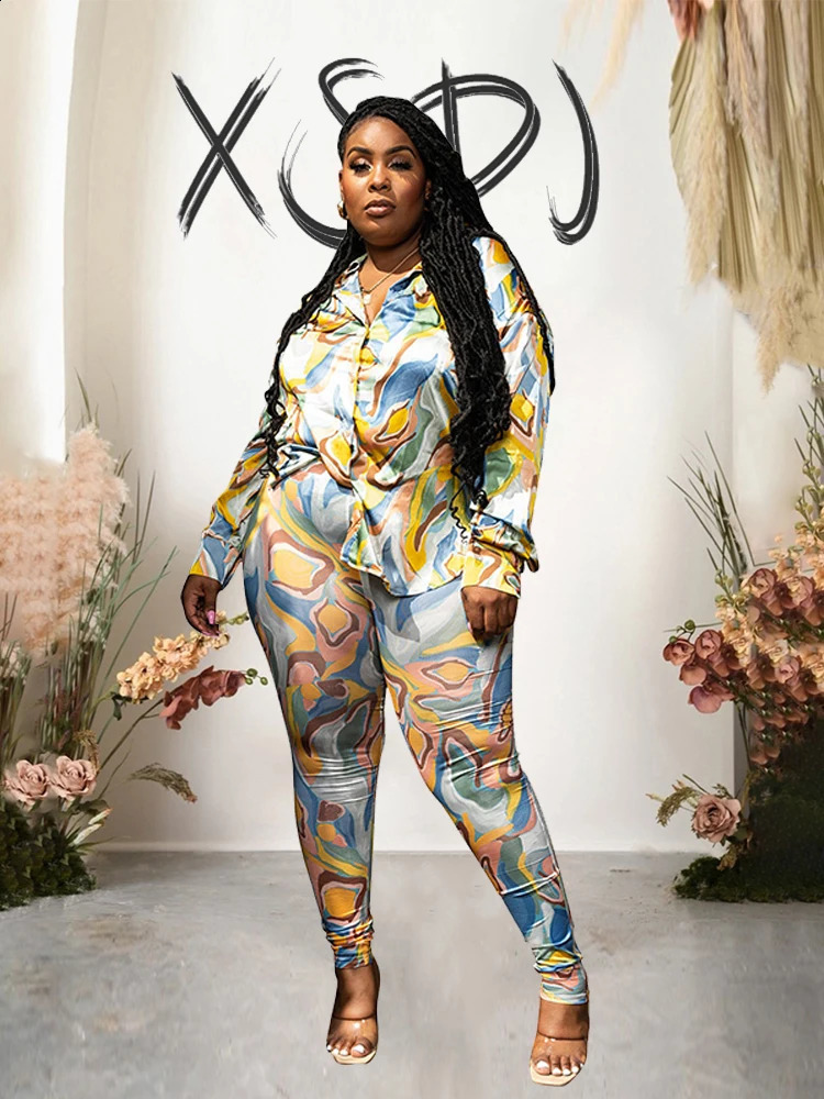 Plus Size Matching Sets Spring Print Shirt Top and Pants Two Piece Set for Women Streetwear Fashion Suit Wholesale Drop 240309