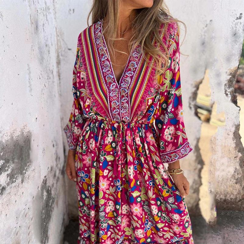 Casual Dresses Sexy Deep V-enck Lace-up Waist Party Dress Women Long Sleeve Pleated Elegant Floral Printed Bohe Beach