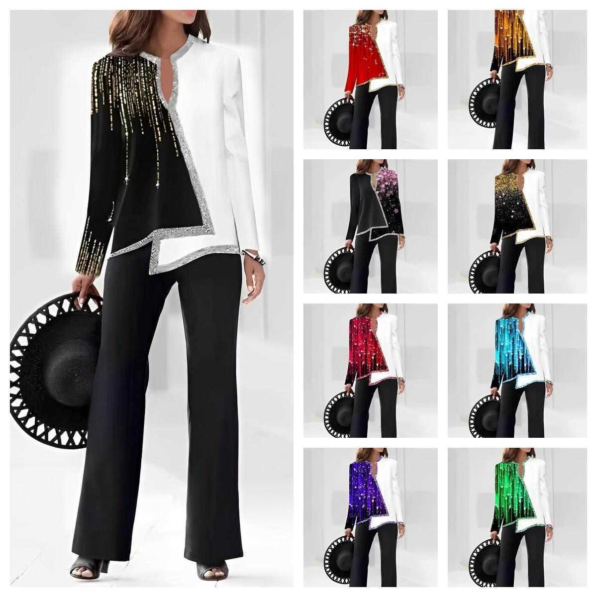 2024 Summer 3D digital Print V-neck asymmetrical fashion casual shirt pantsuit Q240318