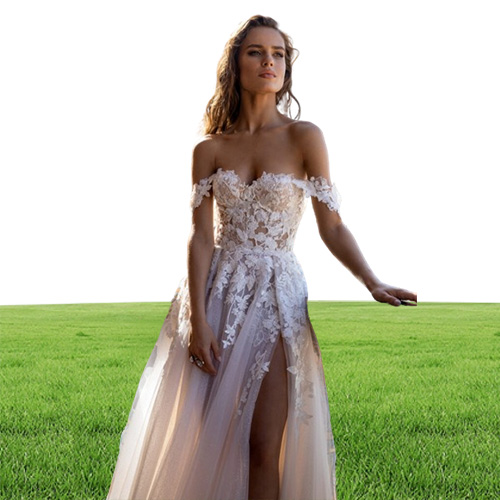 Liz Martinez Wedding Dresses Off the Shoulder Lace Appliques Tulle A Line Beach Wedding Dress Custom Made High Split Vestidos De N