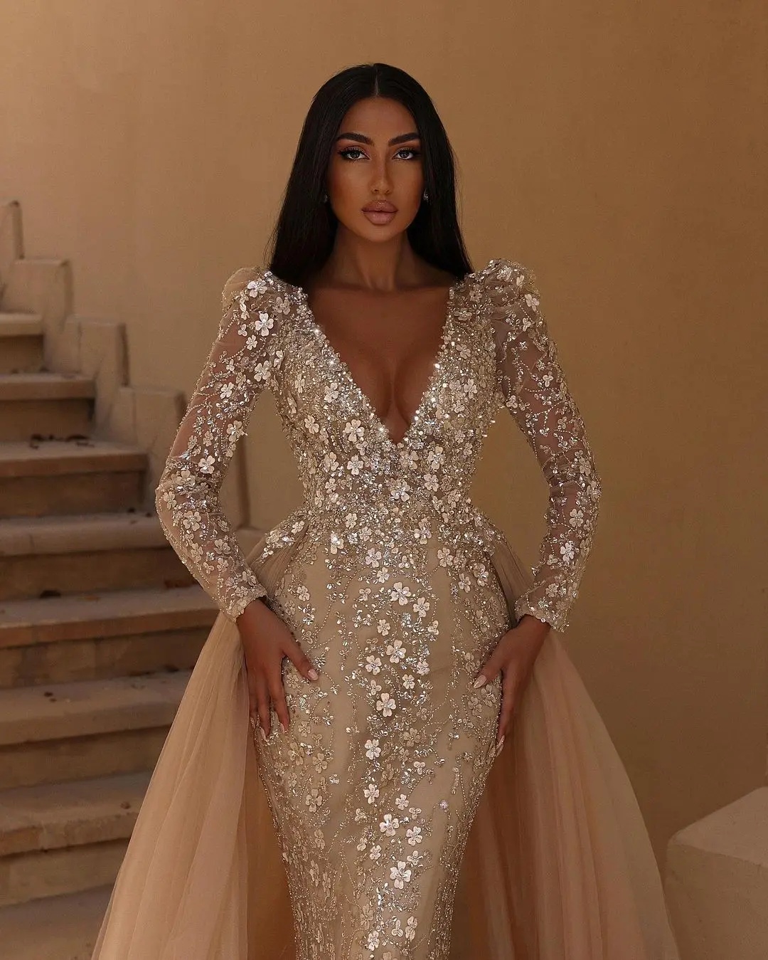 ful Sequins Mermaid Bridal Gowns Deep V Neck Wedding Dress with Overskirts wer Long Sleeve Custom Made Sweep Train Bride Dresses
