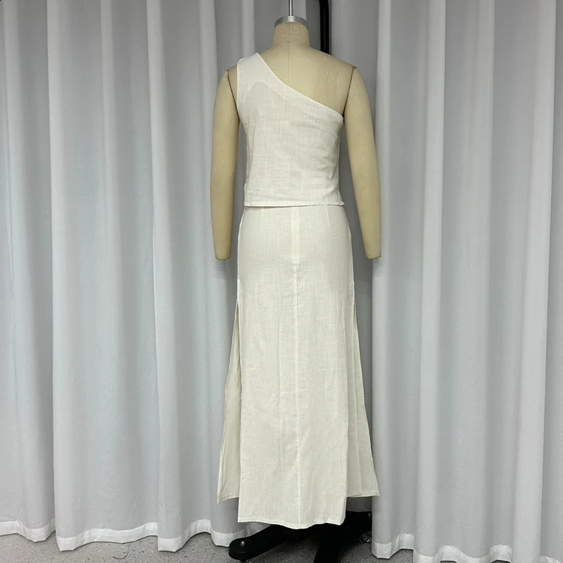 Wefads Women Two Piece Set Summer Casual Fashion One Shoulder Sleeveless Vest Solid With Belt Pocket Slit Skirt Set Streetwear 240315