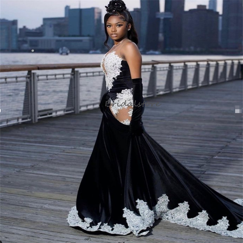 Glam Black Girls Prom Dresses 2024 New Black Velvet African Evening Gowns With White Appliques Gorgeous Mermaid Birthday Dress Formal Ceremony Party D